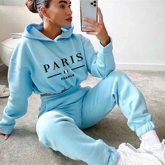 2025 Women Tracksuit Jogging Autumn Hooded Drawstring Short Sweatshirt Suit Daily Simplicity Casual Sportswear Printing Clothing