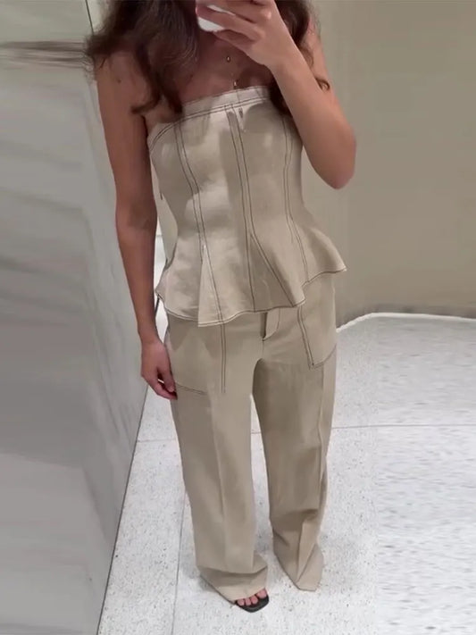 Elegant Pleated Vest Wide Leg Trousers 2025 Summer New Lady Long Pants Suits Fashion Ruffled Off Shoulder Tank Top Loose Pants
