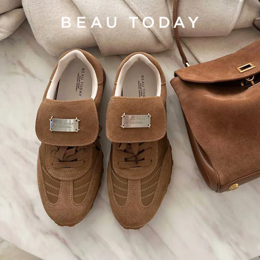 BEAUTODAY Fashion Trainers Women Cow Suede Sneakers Metal Buckle Leather Flats Lace Up Female Casual Shoes Handmade 29897