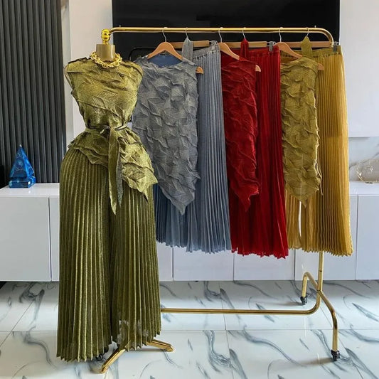 African Pleated Pants Sets Women Round Collar Irregular Lace-up T Shirt + Wide Leg Trousers New 2025 Loose Clothing