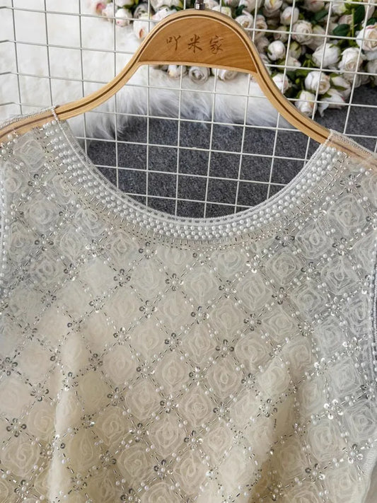 Thai Sexy Vest Sling High-Quality Sequined Bead Sleeveless Top 2025 Summer Elegant Fashion Round Neck Slim Base Shirt Tank Women