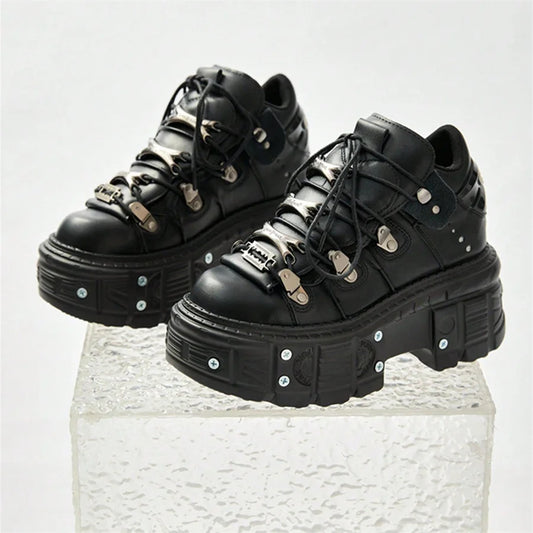 Punk Style Women Black Shoes Rock Metal Decor Lace-up Heel Height Platform Shoes Gothic Man Sneakers Women Ankle Boots 2025 New
