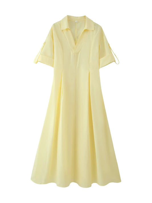 High Street Chic Women A-line Dress Solid Turn Down Collar Short Sleeve Slim Long Straight Vestidos Fashion 2025 Summer Dress