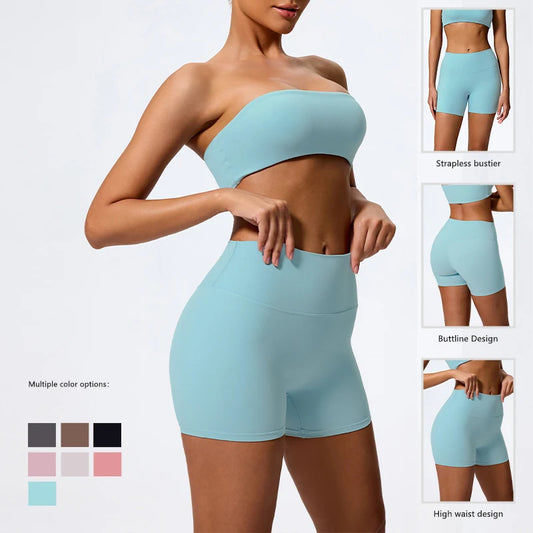 Hearuisavy Two Piece Set Woman Sports Shorts Anti-Sweat Quick Dry Tube Top Soft Workout Bra Casual Running Yoga Gym Suit Female