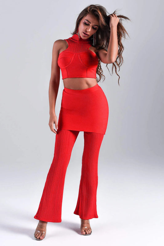 Red Bandage Two Pieces Set Women 2023 Half Neck Crop Tops Fake 2-piece Wrap Hip Flare Pants Sets Sexy Slim Ribbed Outfits BA214