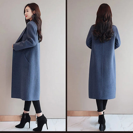 2024 Autumn Winter Women Vintage Coffee Blue Mid-Long Coat Jackets Female Concise Korean Style Loose Outside Thermal Woolen Coat