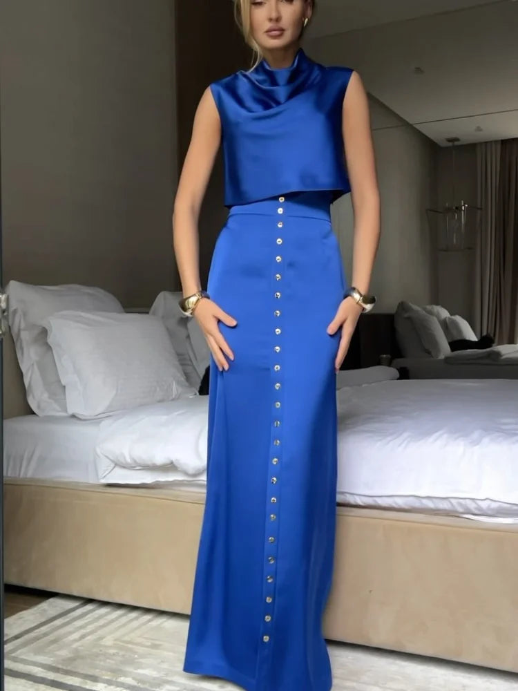 High Street Skirts Set Women Pile Collar Sleeveless Crop Vest Top High Waist Single Breasted Long Skirt 2025 New Lady Outfits