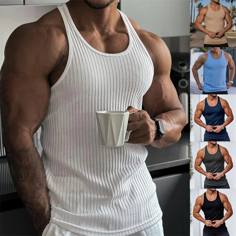 2025 Summer men Vest stripe gym Tank top Men Fitness sleeveless shirt Male Exercise Sports vest Undershirt Bodybuilding clothing