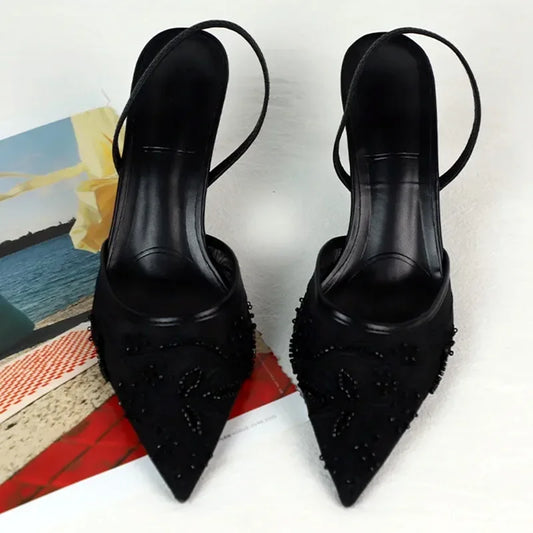 Sexy Pointed Toe String Bead Pumps Women Black Mesh Embroider Heeled Sandals Summer Elegant Party Designer Shoe Zapatos De Mujer