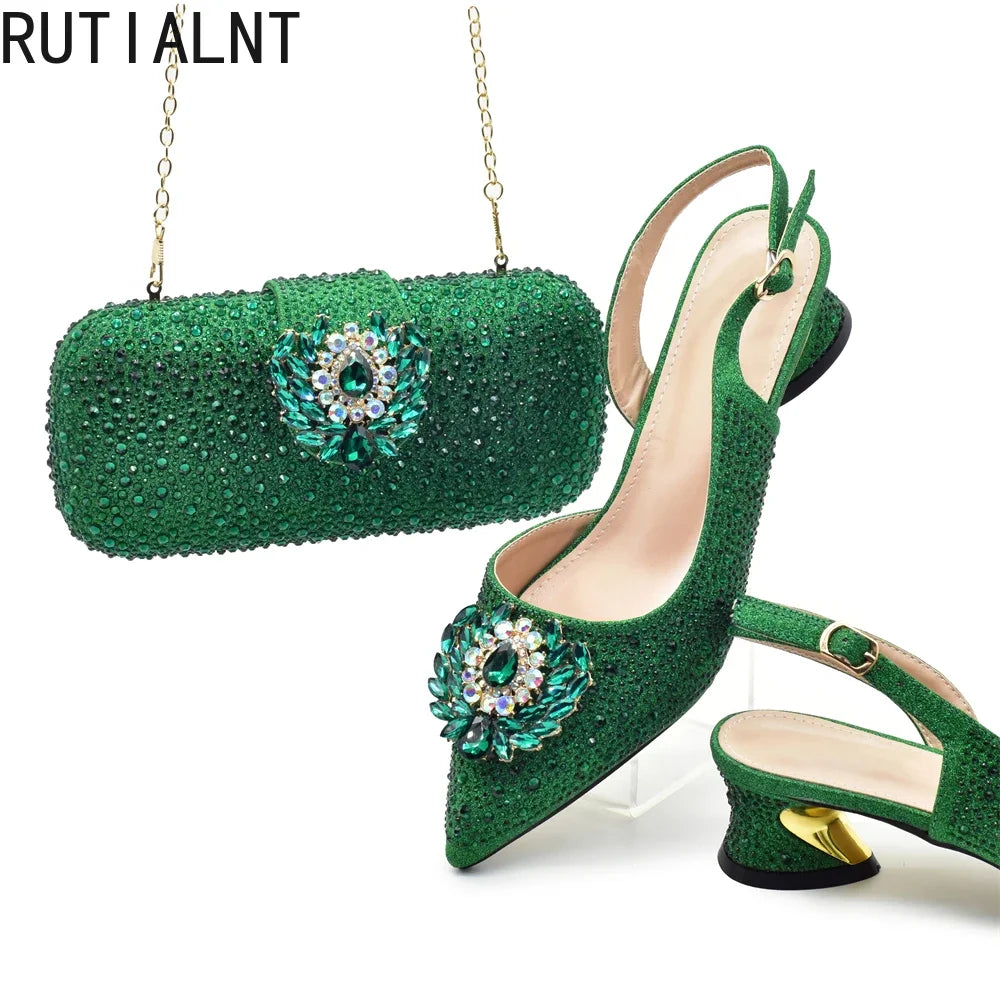African Shoe and Bags Set for Wedding Nigerian Party Shoes and Bag Set Decorated with Rhinestone Elegant Heeled Pumps for Women