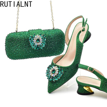 African Shoe and Bags Set for Wedding Nigerian Party Shoes and Bag Set Decorated with Rhinestone Elegant Heeled Pumps for Women
