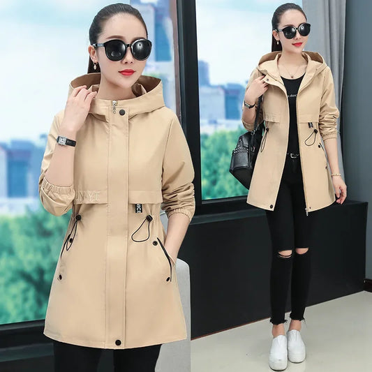 Hooded Coat Jacket for Middle-Aged Mothers Loose Elastic Waist Spring Autumn Zipper Open Cardigan Style Women's Clothing