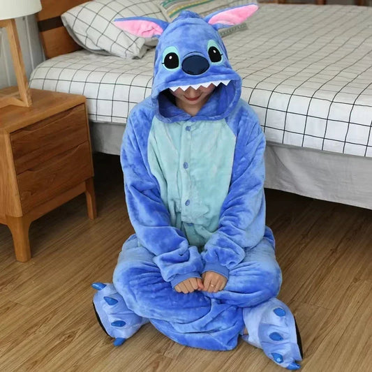 Disney Stitch Winter Adult Jumpsuit Men's and Women's Sleepwear Set Integrated Halloween Christmas Hooded Anime Jumpsuit