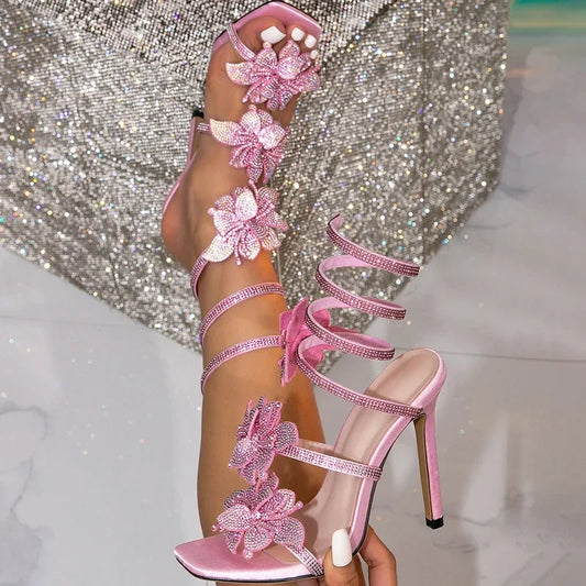 Aneikeh Sexy Crystal pink wedding shoes Gladiator Sandals Women Elegant Party High Heels Summer Open Toe Ladies Dress Party Shoe