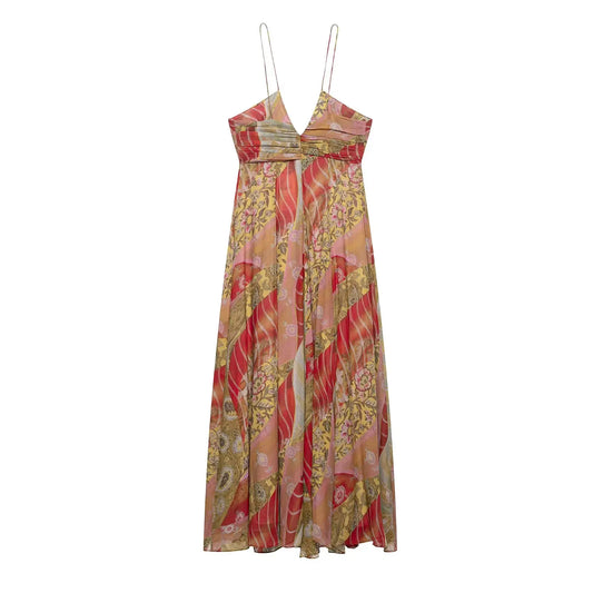 Zevity 2025 Women Sexy Deep V Neck Press Pleat Lace Up Patchwork Print Long Sling Dress Female Chic Zipper Beach Vestidos DS9322