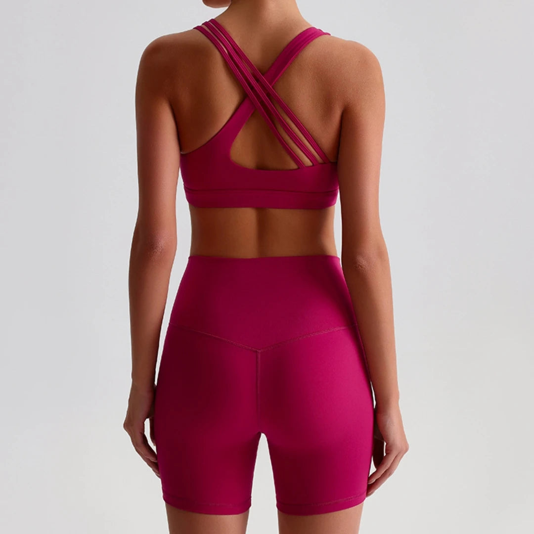 Solid Color Gym Yoga Set Short Legging Cross Back Shoulder Strap Sport Bra Tracksuit Women Suit Comprehensive Training Athletic