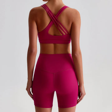 Solid Color Gym Yoga Set Short Legging Cross Back Shoulder Strap Sport Bra Tracksuit Women Suit Comprehensive Training Athletic