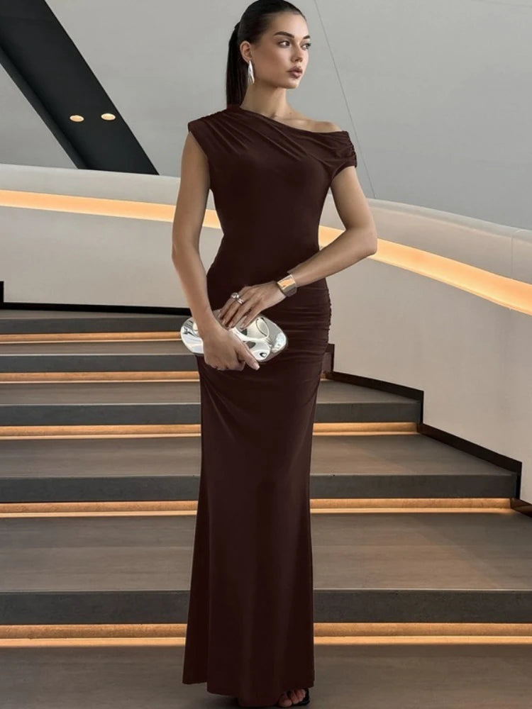 FDYOUI Woman Clothes Diagonal Collar Ruched Brown Long Dresses 2025 Summer Lady Chic One Shoulder Sleeveless Tunics Party Dress