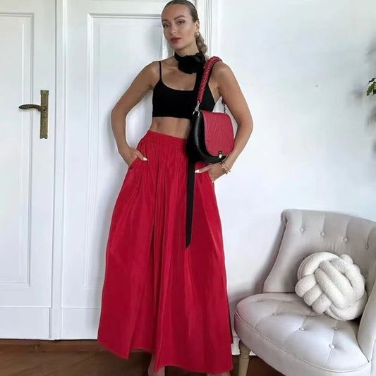 Summer New Product Casual Women's Wear Simple and Fashionable Solid Color Wide Swing Midi Half Skirt