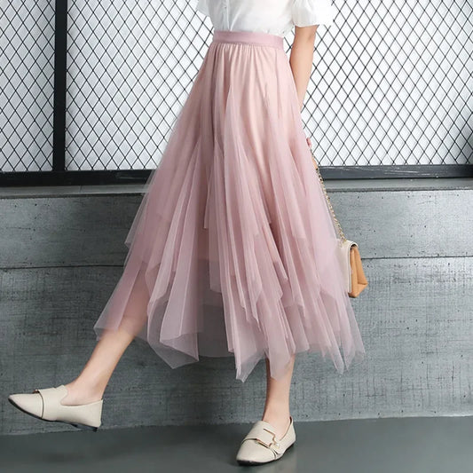 Asymmetrical High Waist Ruffles Mesh Tutu Long Midi Skirt Irregular Tulle Skirt for Women Black Harajuku Summer Goth Clothes