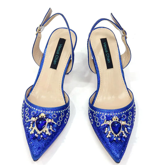 Nigerian Heel Party for Women Blue Color Shoes and Bag Set Rhinestone Handbag Italian Design Wedding INS 2025