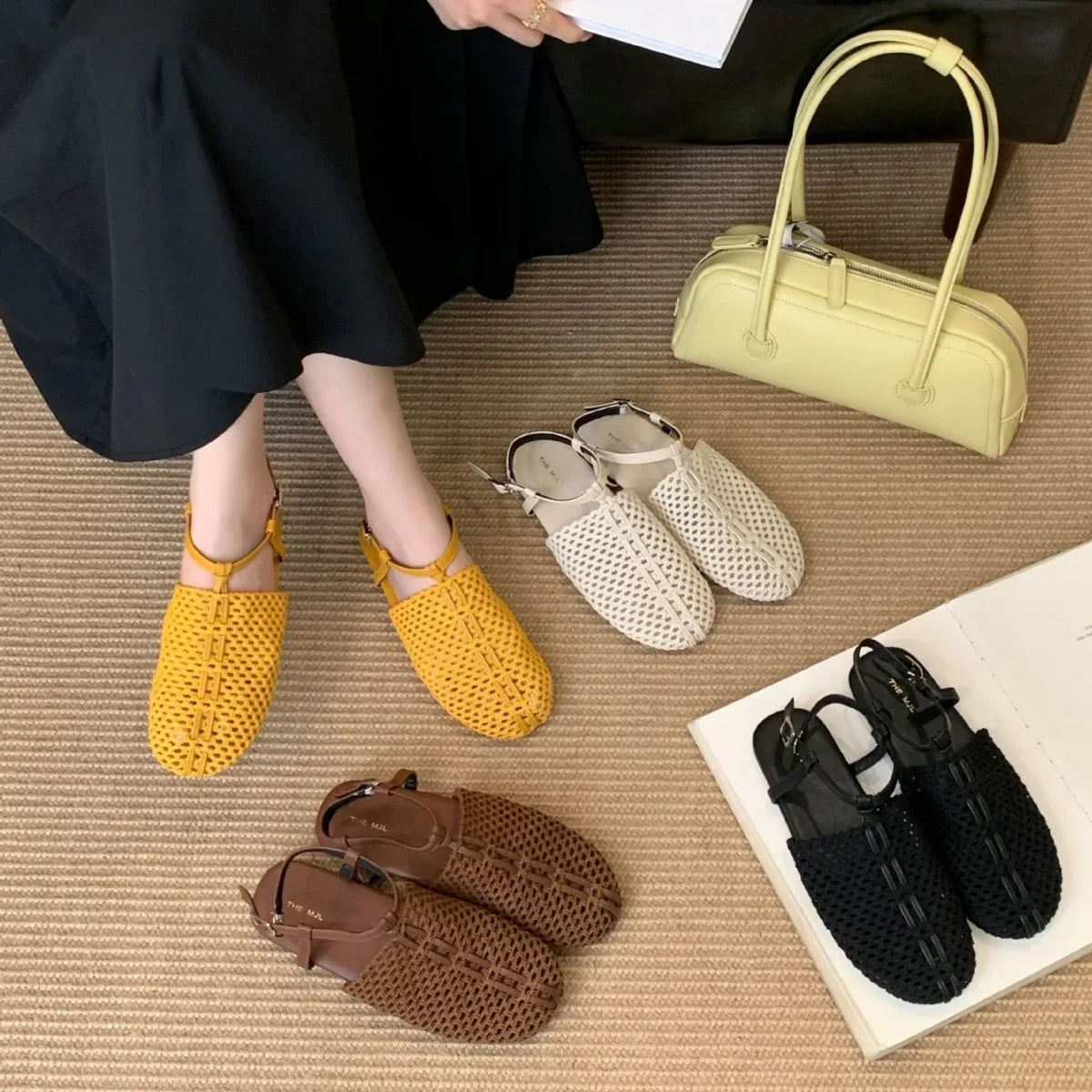 Retro Flat Roman Shoes with Lace Hollow out Design Fishing Net Toe Cover Sandals for Women Summer New Style Woven Flats
