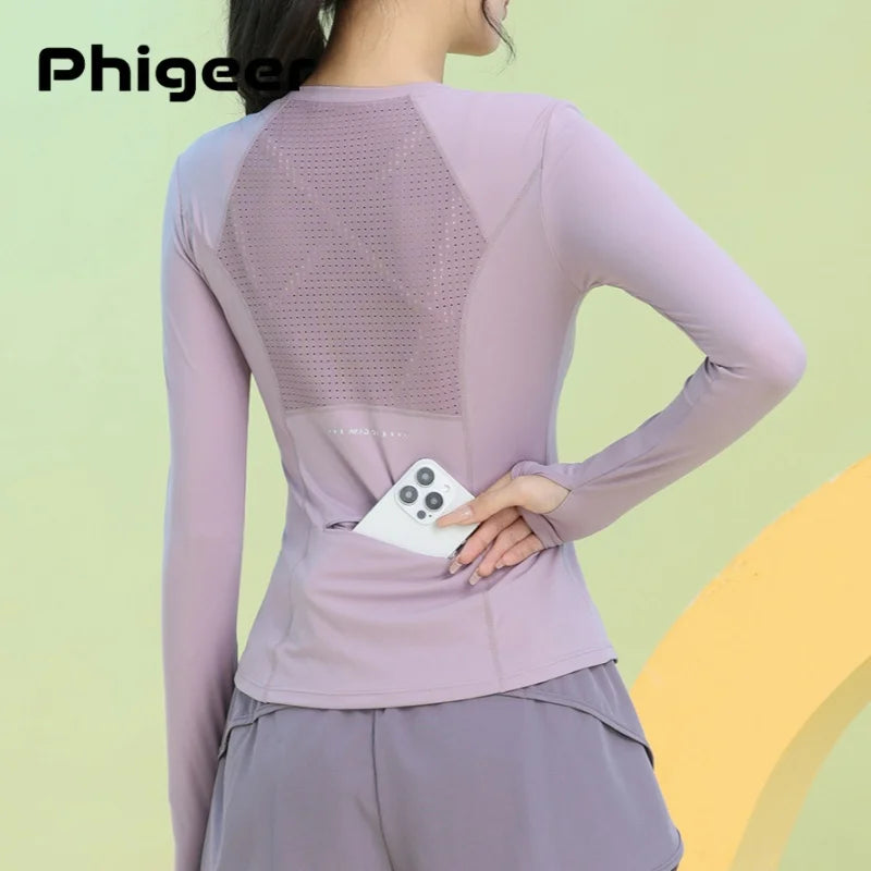 PHIGEER Women Long Sleeve Yoga Shirt With Pockets Autumn Lightweight Slim Fit Workout Top Quick Dry Breathable Running Tee New