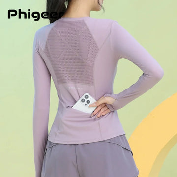 PHIGEER Women Long Sleeve Yoga Shirt With Pockets Autumn Lightweight Slim Fit Workout Top Quick Dry Breathable Running Tee New