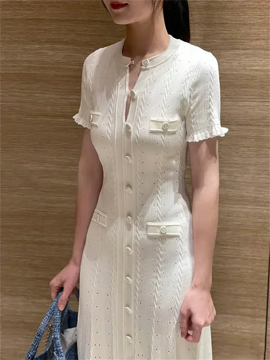 Women O-Neck White Knit Thread Mid-Length Dress Summer 2024 New Elegant Lady Ruffled Sleeve Single Breasted Slim Long Robe