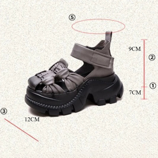 7cm Weave Genuine Leather Flats Comfy Shoes Elthnic Hook Pumps Women Slipper Mary Jane Platform Wedge Sandals Flats Rubber
