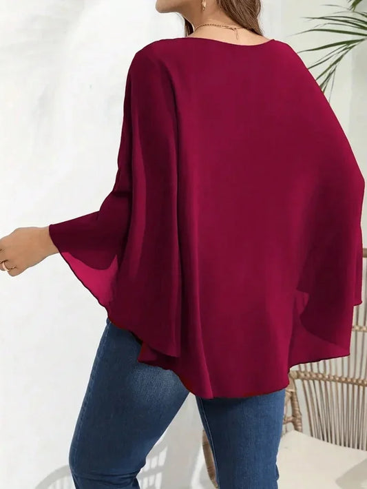 Plus Size 1XL-5XL Women’s Solid Batwing Sleeve Round Neck Shirt Top Women Fashion and Comfort Cloak Top Clothing