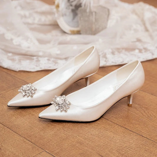 Super High Heel Silk Pointed Toe Sandals Summer Versatile Rhinestone Dress Shoes Women's Party Crystal Wedding Shoes