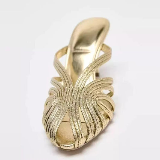 Golden Narrow Band Design Brand High Heel Slippers Women Fashion Pointed Toe Thin Heel Slide Sandals Elegant Banquet Dress Shoes