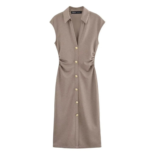 ETJ2025 spring and summer new TRAF women's elegant fashion bead cloth shirt-style short-sleeved V-neck slim-fit dress long skirt