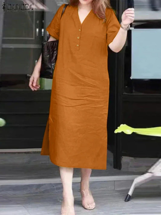 ZANZEA Woman Casual A-line Midi Dresses 2025 Summer Short Sleeve V-Neck Side Slit Robes Femme Daily Commute Solid Vestidos Mujer