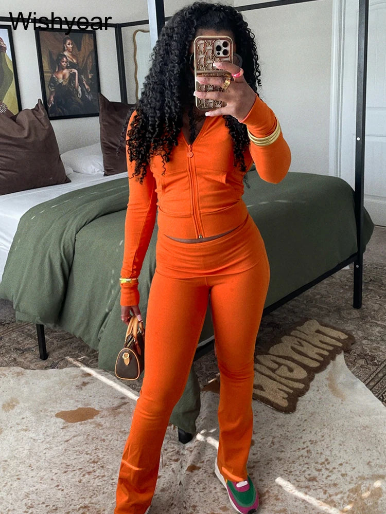 Autumn Orange 2 Piece Pants Women Matching Sets Zip Pocket Crop Tops and Leggings Jogger Trousers Sports Fitness Street OutfIts
