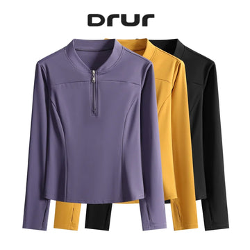 DRUR Half Zip Long Sleeve Running Shirts for Women With Workout Athletic Yoga Tops Crop V-Neck Gym Sport Jacket Street Wear