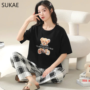 SUKAE Cotton Women's Pajama Short Sleeves Nightwear Summer Women Pajamas Set Plus Size M-5XL Sleepwear Korean Pijamas for Girl