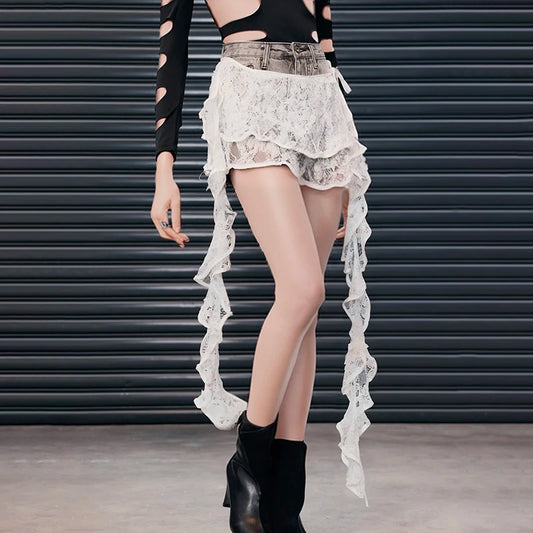 Irregular Hem Patchwork Multi-Layered Ruffles Lace Skirt Ribbon Tassels Bottoms Summer Korean Waistband Decorations