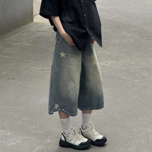 Retro Vintage Loose Wide Leg Jeans Fashion Women Star Print Y2K Harajuku Denim Shorts Casual Streetwear High Waist Washed Pants