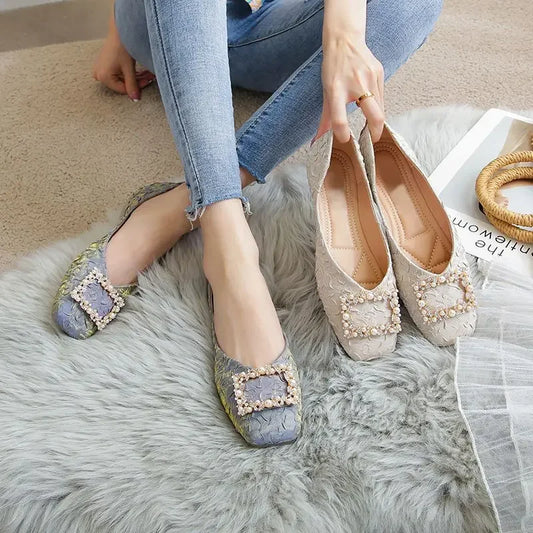 Shoes for Women Pearl Square Toe Low Heel Elegant Woman Flats Clothing Trend 2025 Chic Y2k Vintage New in Summer Korean Fashion