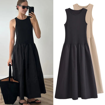 TRAF Black Dress Women Slim Simple O Neck Sleeveless Long Dress Holiday Dress Street Casual Dresses 2025 Women's Summer Dress