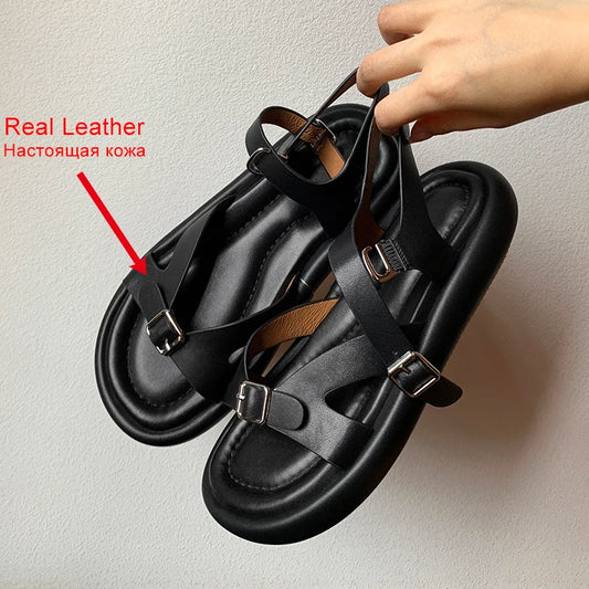 JOZHAMTA Size 34-39 Women Real Leather Flat Sandals Flip Flops Low Heels Summer Shoes 2025 Casual Beach Daily Home Outdoor Dress