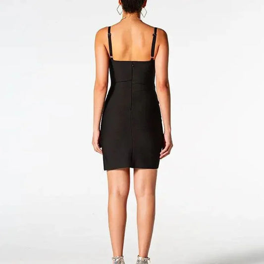 Women's Sexy Sleeveless V Neck Mesh Patch Bandage Dress Spaghetti Strap Hollow Mini Bodycon Dress Celebrity Party Dress