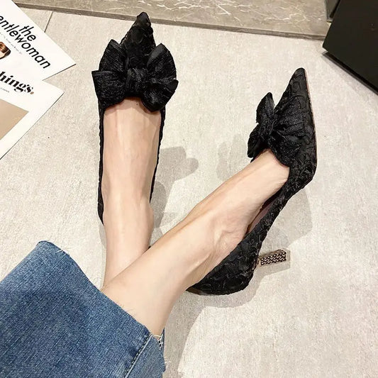 Women's Shoes Green Pointed Toe High Heels Ladies Pumps with Bow Sexy Quality Lastest Chic and Elegant Dress Korean Style Spring