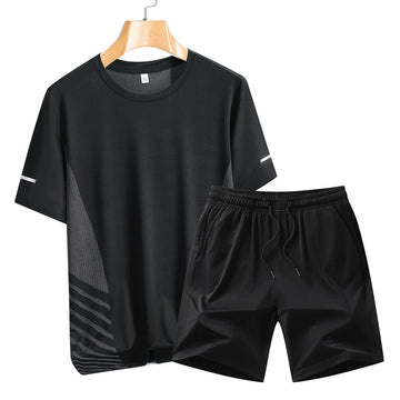 Hot selling new soft men's striped printed breathable round neck T-shirt shorts set summer outdoor casual sportswear