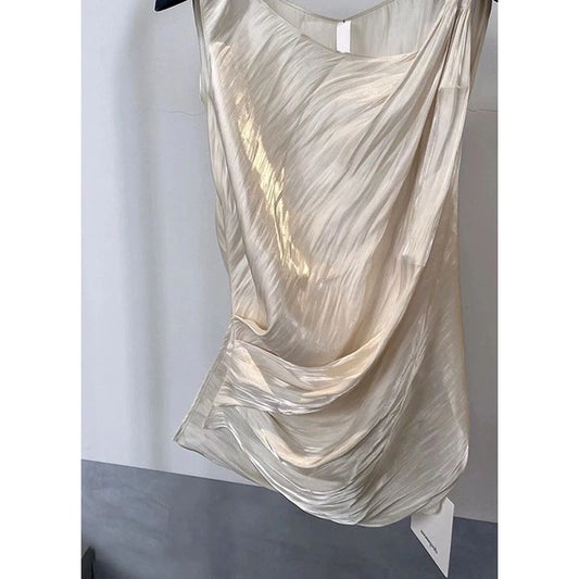 Fashion O-Neck Sleeveless Irregular Folds SILK T-Shirts Female Clothing 2025 Summer New Loose Korean Tank Top Office Lady Shirts