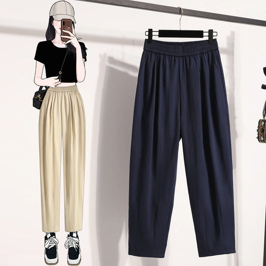 Plus Size Harem Pants Women Summer New High Elastic Waist Wide Leg Loose Linen Pants Female Thin Casual Trousers Women