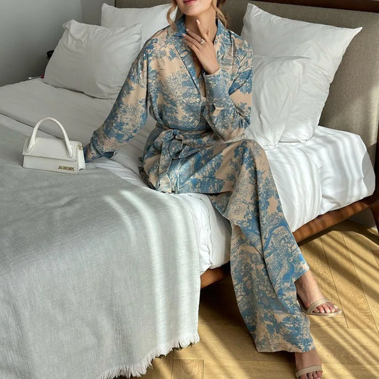 Print Flower 2PCS Pajamas Set Sleepwear French V-Neck Fashion Women's Clothing Loose Satin Wide Leg Pants Pijamas Suit Homewear