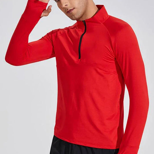 Men Quick Dry Breathable Running Shirt Bodybuilding Sport T-shirt Long Sleeve Zipper Stand Collar Gym Fitness Jogging Top